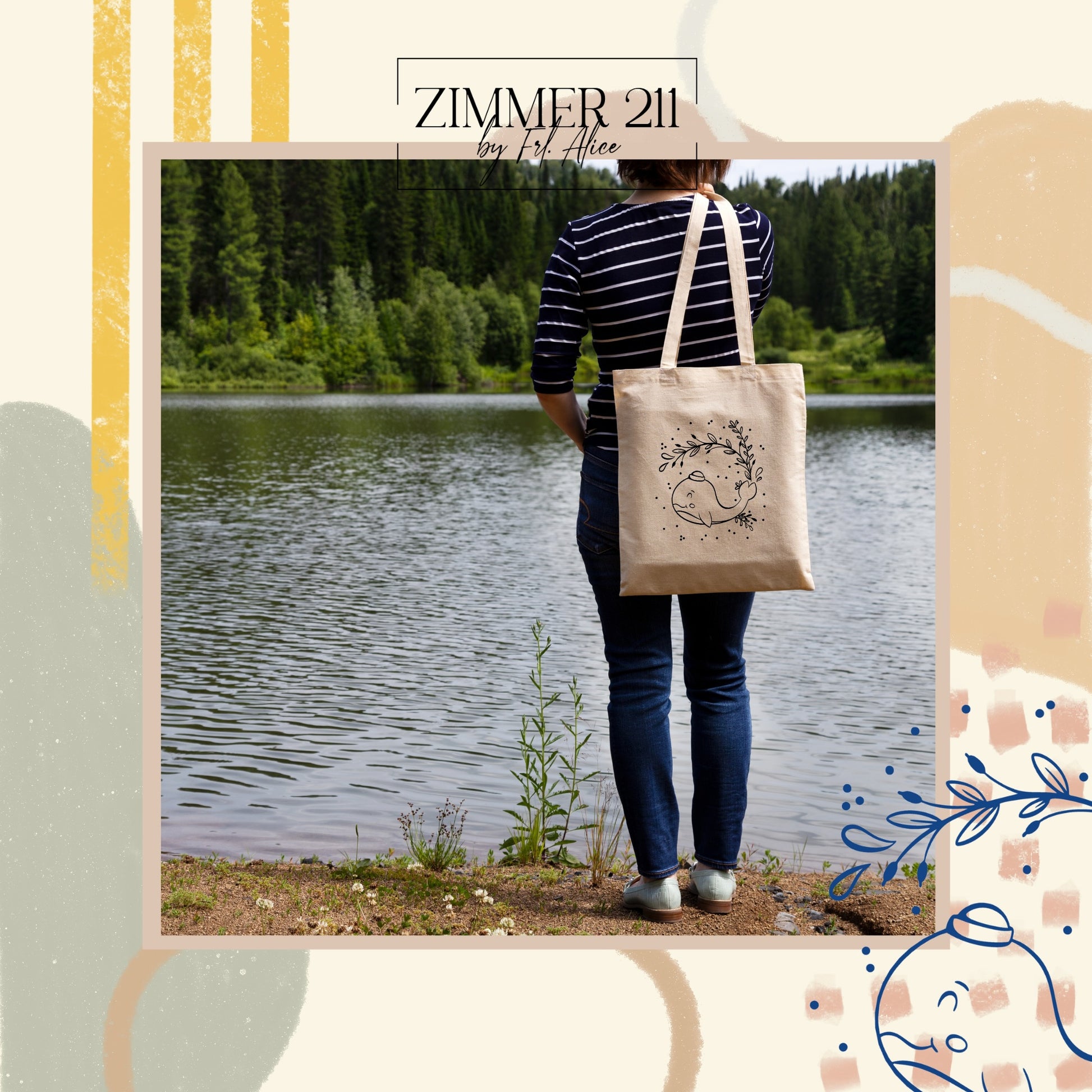 Beigefarbene Stofftasche mit Wal-Motiv geplottet maritimes Accessoire am See zimmer211