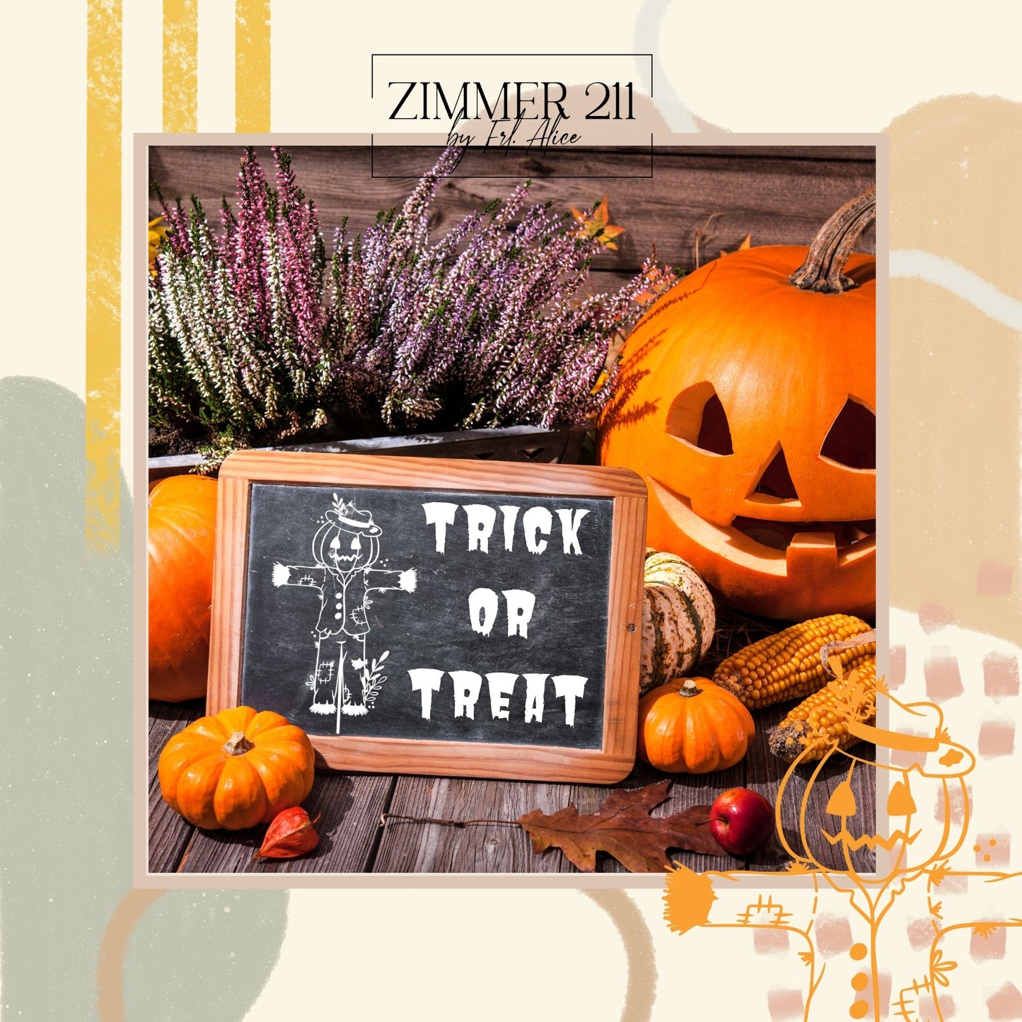 Rustikale Herbst-Dekoration mit einer Kreidetafel, auf der Trick or Treat steht, umgeben von echten Kürbissen, Maiskolben und Heidekraut.