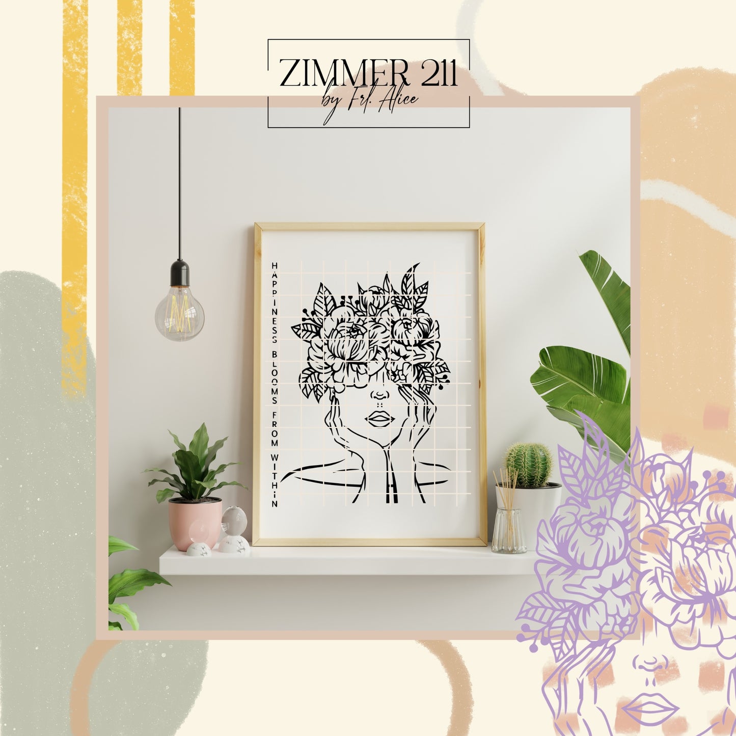 Wohninspiration und Wanddeko: Ein eingerahmtes Poster mit dem minimalistischen Frauen-Blumen-Motiv auf einem weißen Wandregal neben Zimmerpflanzen.